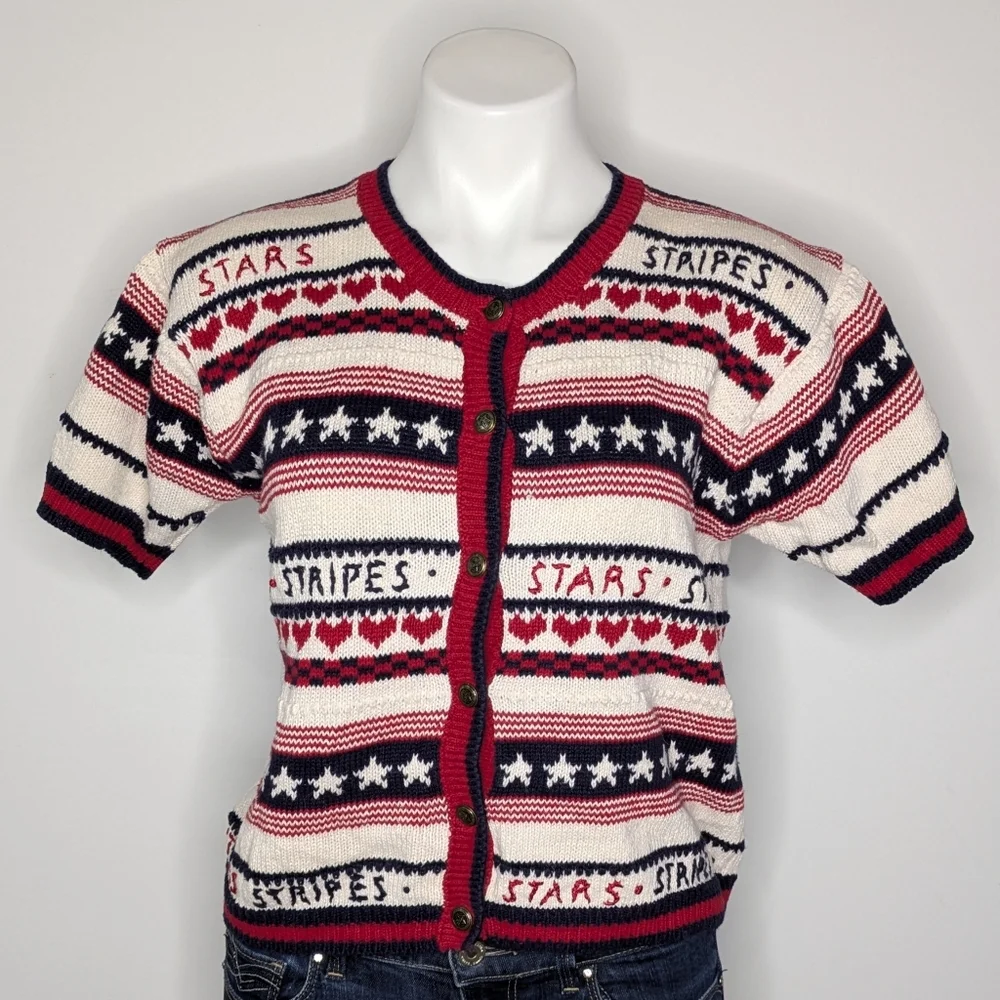 Vintage Street Level Red White Blue Patriotic Stars & Stripes Cardigan Sweater S - Picture 1 of 7